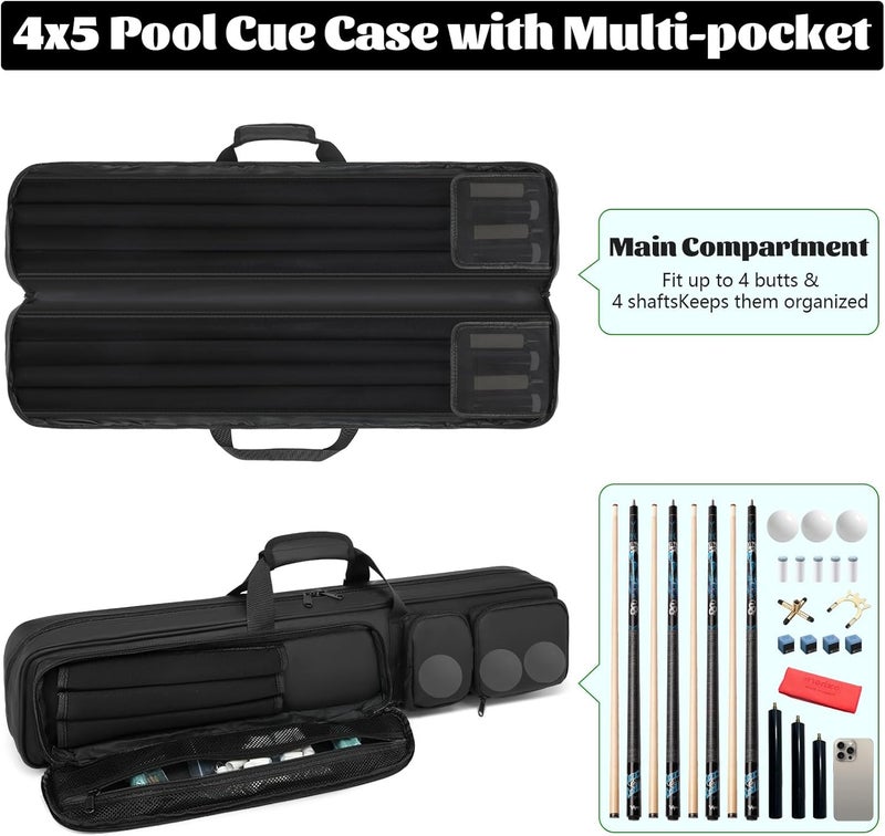 Beejirm Pool Cue Case - 4x4 Padded Pool Cue Bag - Holds 4 Butts and 4 Shafts, Multiple Accessory Pockets - Image 3
